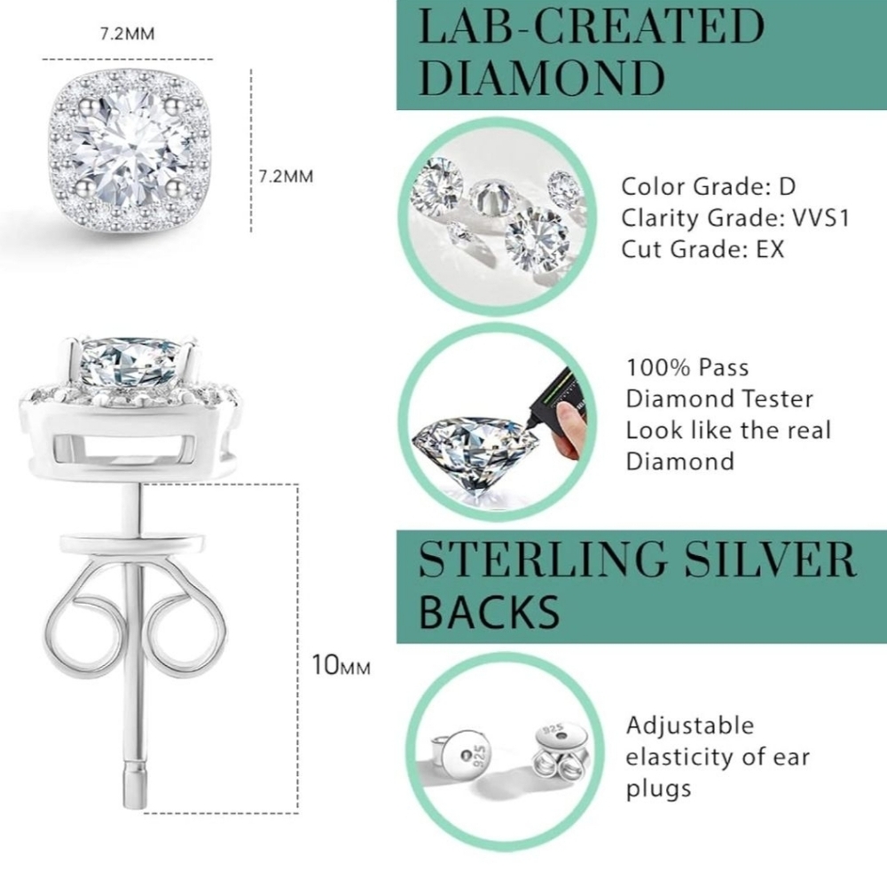 Moissanite Halo Earrings Lab Created Diamond 18K White Gold Plated 925 Sterling - Picture 2 of 3